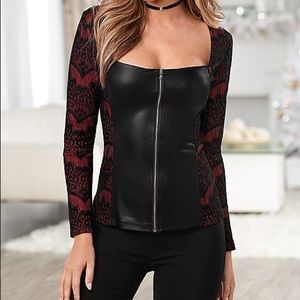 Venus Red and Black Faux Leather Detailed Top